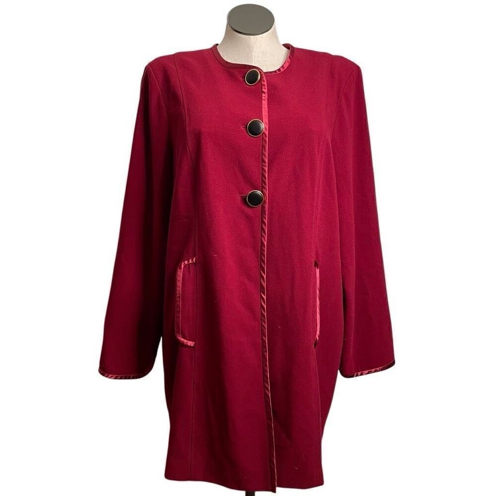 Vtg Bob Mackie Wearable Art Womens Jacket XL Cranberry Satin Trimmed Collarless